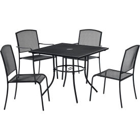 Global Industrial 695973 Interion Mesh Caf Table and Chair Set, 48" Square, 4 Armchairs, Black image.