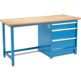 Global Industrial 711147 Global Industrial™ 72Wx30D Modular Workbench, 3 Drawers, Maple Butcher Block Safety Edge, Blue image.