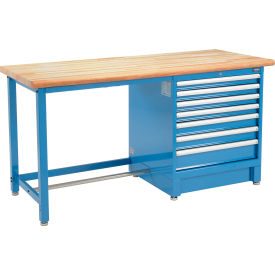 Global Industrial 711169 Global Industrial™ 72Wx30D Modular Workbench, 7 Drawers, Maple Butcher Block Safety Edge, Blue image.