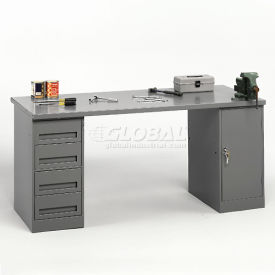 Tennsco Corp 3060T-4-1 Tennsco® Pedestal Workbench, 4 Drawers & Cabinet, 60"W x 30"D, Gray image.