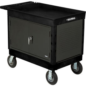 Global Industrial 800342 Global Industrial™ Plastic Utility Cart w/2 Tray Shelves, 44"L x 25-1/2"W x 32-1/2"H, Black image.