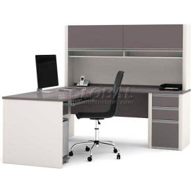 Bestar® L Desk with Hutch & Pedestal - 71""- Slate & Sandstone - Connexion Series