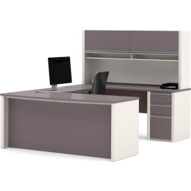 Bestar 93879-59 Bestar® U Desk with Hutch & Pedestal - 71" - Slate & Sandstone - Connexion Series image.