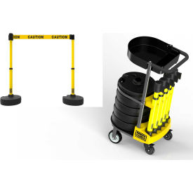 Banner Stakes PL4001T Banner Stakes PLUS Cart Package W/Tray, 42" Yellow Post, 15 Yellow "Caution" Belt image.