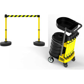 Banner Stakes PL4008T Banner Stakes PLUS Cart Package W/Tray, 42" Yellow Post, 15 Black/Yellow Diagonal Stripe Belt image.