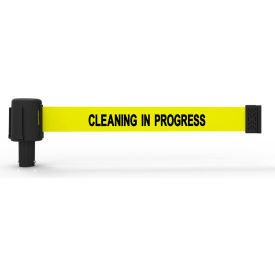 Banner Stakes PL4110 Banner Stakes PLUS Wall Mount Retractable Belt Barrier, 15 Yellow "Cleaning In Progress" Belt image.