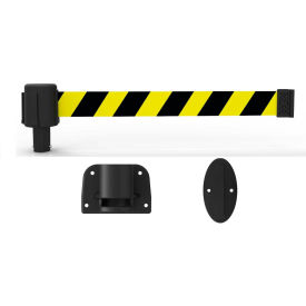 Banner Stakes PL4121 Banner Stakes PLUS Wall Mount Retractable Belt Barrier, 15 Black/Yellow Diagonal Belt image.