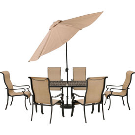Hanover Brigantine 7 Piece Outdoor Dining Set w/ Cast Top Table & Umbrella, Harverst Wheat