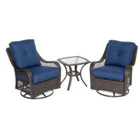 Almo Fulfillment Services Llc ORLEANS3PCSW-B-NVY Hanover® Orleans 3 Piece Swivel Rocking Chat Set, Navy Blue/French Roast image.