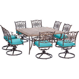 Almo Fulfillment Services Llc TRAD9PCSWSQ8-BLU Hanover® Traditions 9 Piece Dining Set w/ Cast Top Dining Table & 8 Swivel Rockers image.