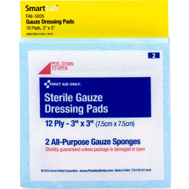 Acme United Corp. FAE-5005 First Aid Only FAE-5005 SmartCompliance Refill Sterile Gauze Pads, 3"X3", 10/Bag image.