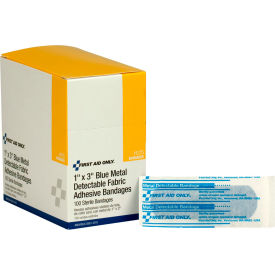 Acme United Corp. H175 First Aid Only Blue Metal Detectable Fabric Bandages, 1" x 3", 100/Box image.