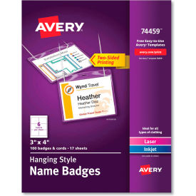 Avery® Hanging Style Name Badges 3" x 4" Clear 100/Box