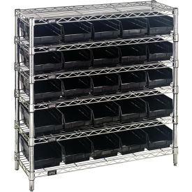 Quantum® 6 Shelf Chrome Bin Shelving 36"W x 12"D x 36"H 25 Economy Shelf Bins Black