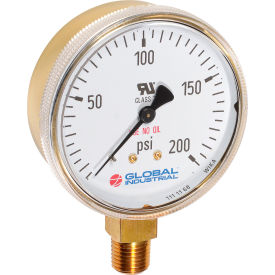 Global Industrial B2781286 Global Industrial™ 2-1/2" Compressed Gas Gauge, 30 PSI, 1/4" NPT LM, Polished Brass/Red Scale image.