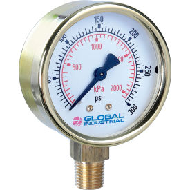 Global Industrial B2781392 Global Industrial™ 2-1/2" Pressure Gauge, 300 PSI/KPA, 1/4" NPT LM, Polished Brass image.