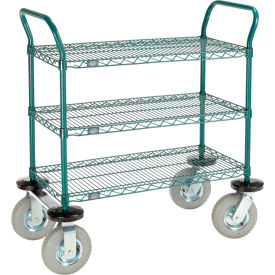 Nexel® 3 Shelf Utility Cart Poly-Green 72"Wx14"Dx 42"H Pneumatic Casters2 Swivel 2 Rigid