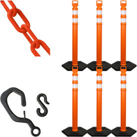 Mr. Chain® Delineator Kits with 2" x 40'L Plastic Chain Hexagonal Base Traffic Orange 6/Pack
