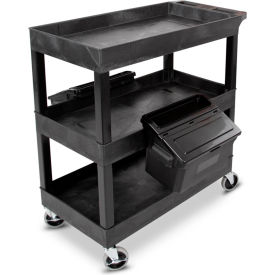 Luxor Plastic Utility Tub Cart Three Shelves w/ Outrigging Utility Cart Bins 24" x 18" Black