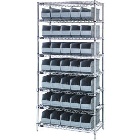 Quantum® 8 Shelf Chrome Bin Shelving 36"W x 18"D x 74"H 35 Stackable Shelf Bins Gray