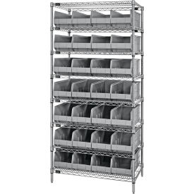 Quantum® 8 Shelf Chrome Bin Shelving 36"W x 21"D x 74"H 28 Stackable Shelf Bins Gray
