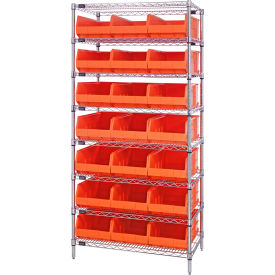Quantum® 8 Shelf Chrome Bin Shelving 36"W x 12"D x 74"H 21 Stackable Shelf Bins Orange