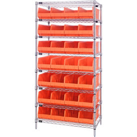 Quantum® 8 Shelf Chrome Bin Shelving 36"W x 12"D x 74"H 28 Stackable Shelf Bins Orange