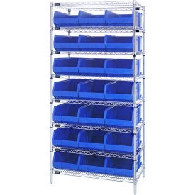 Quantum® 8 Shelf Chrome Bin Shelving 36"W x 14"D x 74"H 21 Stackable Shelf Bins Blue