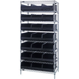 Quantum® 8 Shelf Chrome Bin Shelving 36"W x 14"D x 74"H 21 Stackable Shelf Bins Black