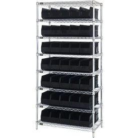 Quantum WR8-441 Chrome Wire Shelving with 35 SSB441 Stackable Shelf Bins Black 36x14x74 