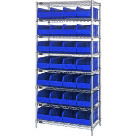 Quantum® 8 Shelf Chrome Bin Shelving 36"W x 14"D x 74"H 28 Stackable Shelf Bins Blue