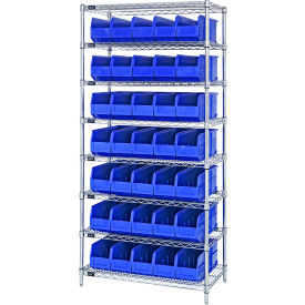 Quantum® 8 Shelf Chrome Bin Shelving 36"W x 14"D x 74"H 35 Stackable Shelf Bins Blue