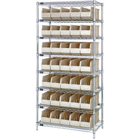 Quantum WR8-441 Chrome Wire Shelving with 35 SSB441 Stackable Shelf Bins Ivory 36x14x74 