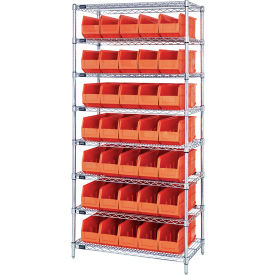 Quantum® 8 Shelf Chrome Bin Shelving 36"W x 14"D x 74"H 35 Stackable Shelf Bins Orange