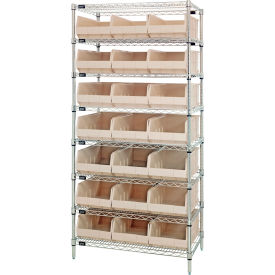 Quantum® 8 Shelf Chrome Bin Shelving 36"W x 18"D x 74"H 21 Stackable Shelf Bins Ivory