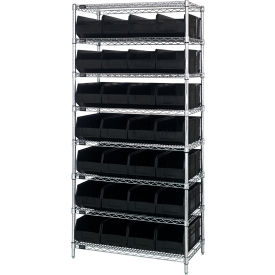 Quantum® 8 Shelf Chrome Bin Shelving 36"W x 18"D x 74"H 28 Stackable Shelf Bins Black