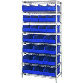 Quantum WR8-483485 Chrome Wire Shelving w/12 SSB483 12 SSB485 Stackable Shelf Bins Blue 36x21x74 