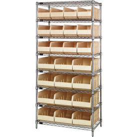 Quantum WR8-483485 Chrome Wire Shelving w/12 SSB483 12 SSB485 Stackable Shelf Bins Ivory 36x21x74 