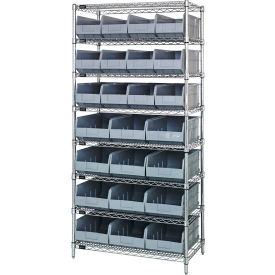 Quantum® 8 Shelf Chrome Bin Shelving 36"W x 21"D x 74"H 24 Stackable Shelf Bins Gray