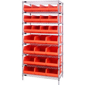 Quantum® 8 Shelf Chrome Bin Shelving 36"W x 21"D x 74"H 24 Stackable Shelf Bins Orange