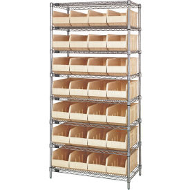 Quantum® 8 Shelf Chrome Bin Shelving 36"W x 18"D x 74"H 28 Stackable Shelf Bins Ivory