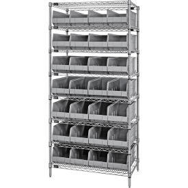 Quantum® 8 Shelf Chrome Bin Shelving 36"W x 18"D x 74"H 28 Stackable Shelf Bins Gray