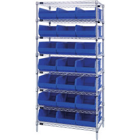Quantum® 8 Shelf Chrome Bin Shelving 36"W x 21"D x 74"H 21 Stackable Shelf Bins Blue