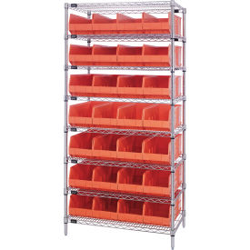 Quantum® 8 Shelf Chrome Bin Shelving 36"W x 21"D x 74"H 21 Stackable Shelf Bins Orange