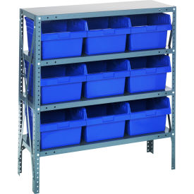 Quantum 1839-SB810 Steel Shelving with 9 8"H Plastic Shelf Bins Blue 36x18x39-SB4 Shelves