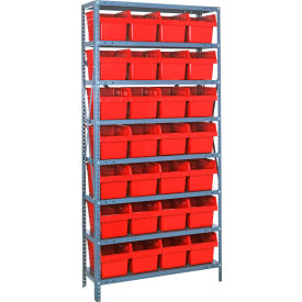 Quantum 1275-SB807 Steel Shelving with 28 8"H Plastic Shelf Bins Red 36x12x75-SB8 Shelves