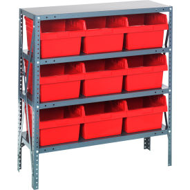 Quantum 1839-SB810 Steel Shelving with 9 8"H Plastic Shelf Bins Red 36x18x39-SB4 Shelves