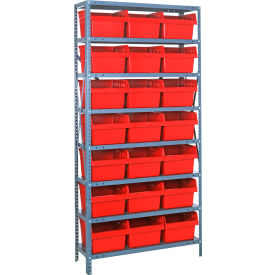Quantum 1875-SB810 Steel Shelving with 21 8"H Plastic Shelf Bins Red 36x18x75-SB8 Shelves