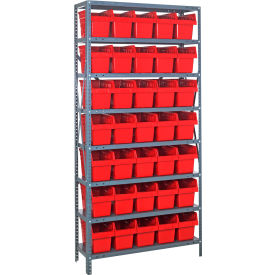 Quantum 1275-SB802 Steel Shelving with 35 8"H Plastic Shelf Bins Red 36x12x75-SB8 Shelves