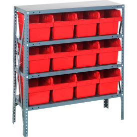 Quantum 1839-SB808 Steel Shelving with 12 8"H Plastic Shelf Bins Red 36x18x39-SB4 Shelves